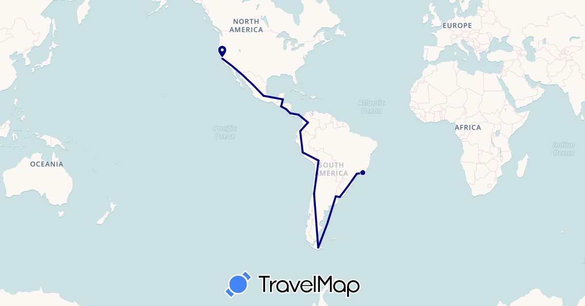TravelMap itinerary: driving in Argentina, Bolivia, Brazil, Belize, Chile, Colombia, Costa Rica, Ecuador, Mexico, Nicaragua, Panama, Peru, El Salvador, United States, Uruguay (North America, South America)